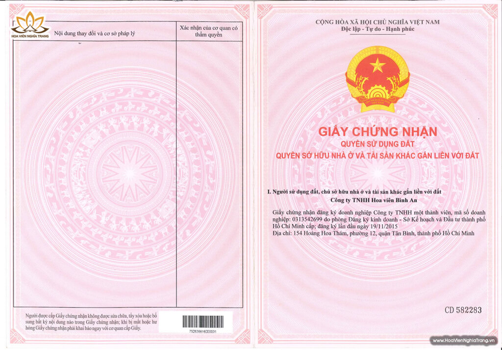 Giấy chứng nhận quyền sử dụng đất Hoa Viên Bình An